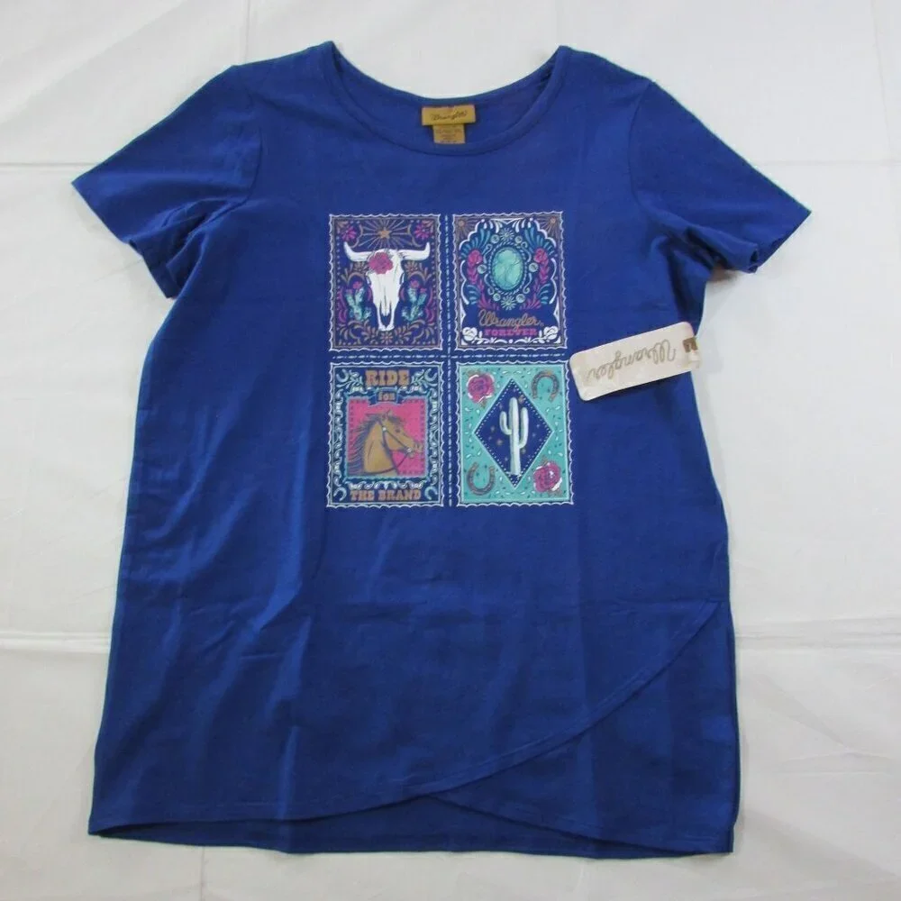 Wrangler Girl's XL Short Sleeve Western Print Tulip Hem Graphic T-Shirt - Navy